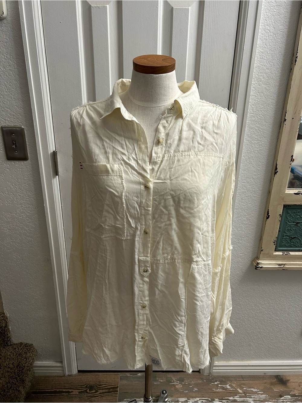 BDG Off-White Button-Down Shirt with Chest Pockets